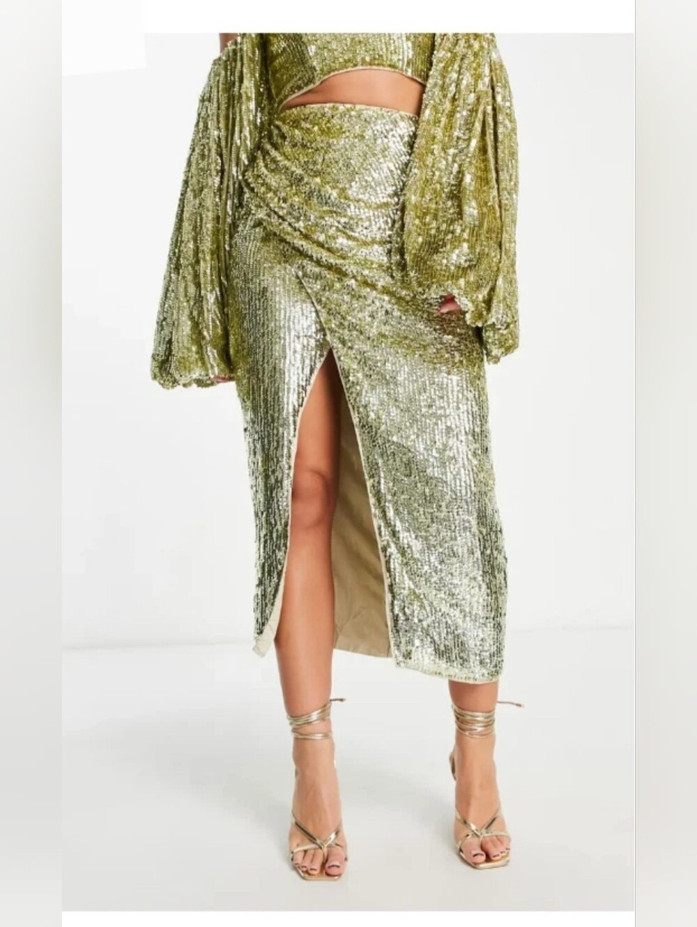 ASOS Edition Gold sequin all over faux wrap high slit midi skirt size US2 new